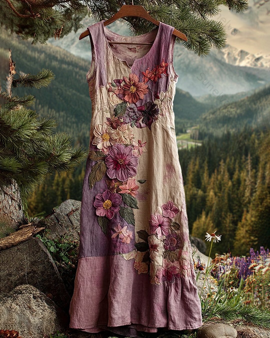 Women's Summer Vacation Floral Embroidered Color-Block Sleeveless Dress 3647
