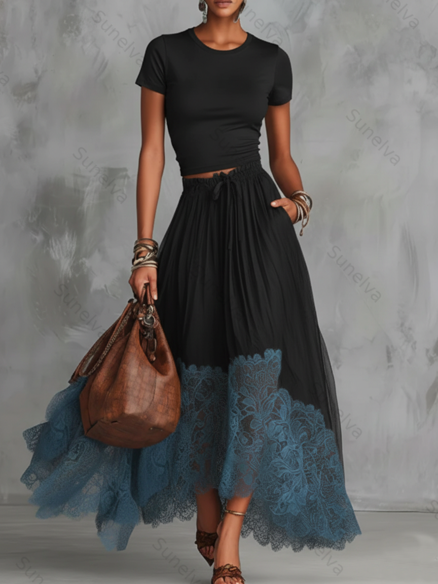 Stylish Stretch T-shirt And Lace-trimmed Skirt Two-piece Set 5823