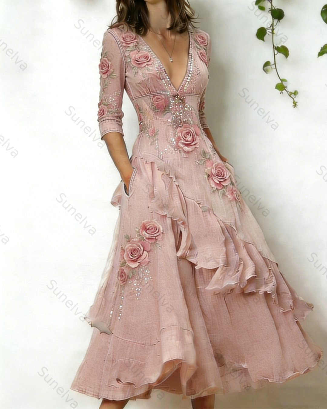 Women's elegant floral embroidered irregular ruffled linen patchwork dress 3126