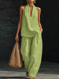 Casual And Cozy Minimalist Linen Two-piece Set 7054