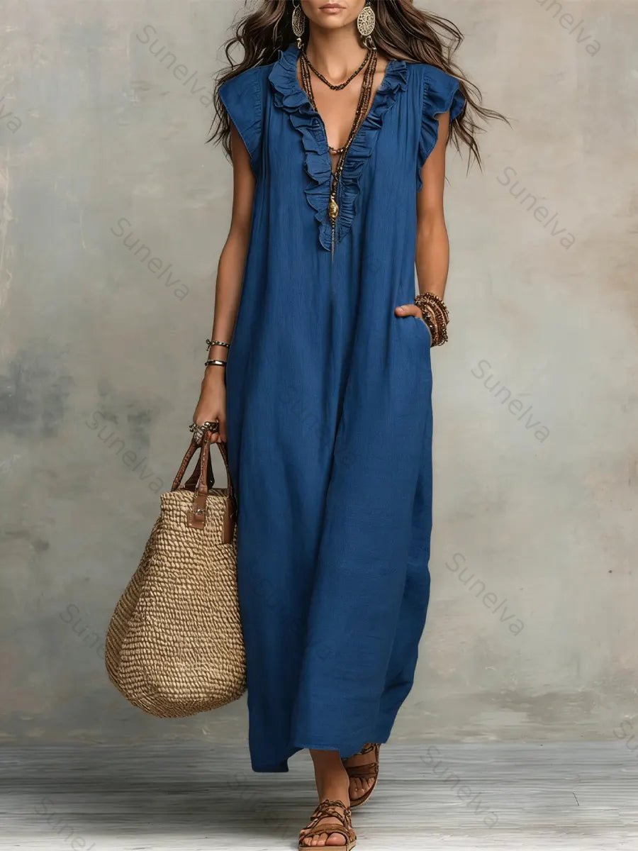 Women's Solid Color Ruffled Art Casual Fashion Cozy Cotton Linen Dress 5e35