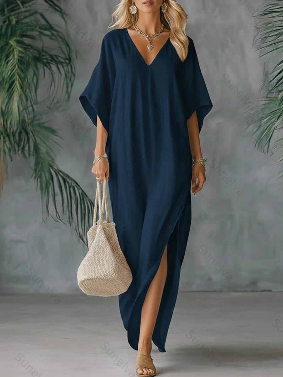 Women's Solid Color V-neck 3/4 Sleeve Casual Loose Cotton And Linen Dress c6a5