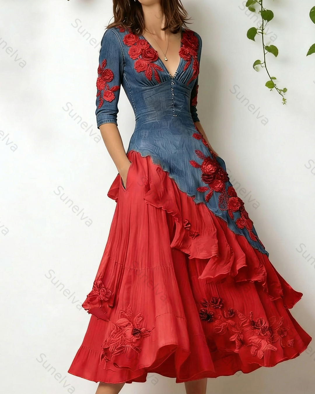 Women's Elegant Flowers Embroidery Irregular Ruffle Linen Patchwork Dress 1865