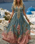 Women's Vacation Flowers Embroidery Linen Patchwork Dress 7536