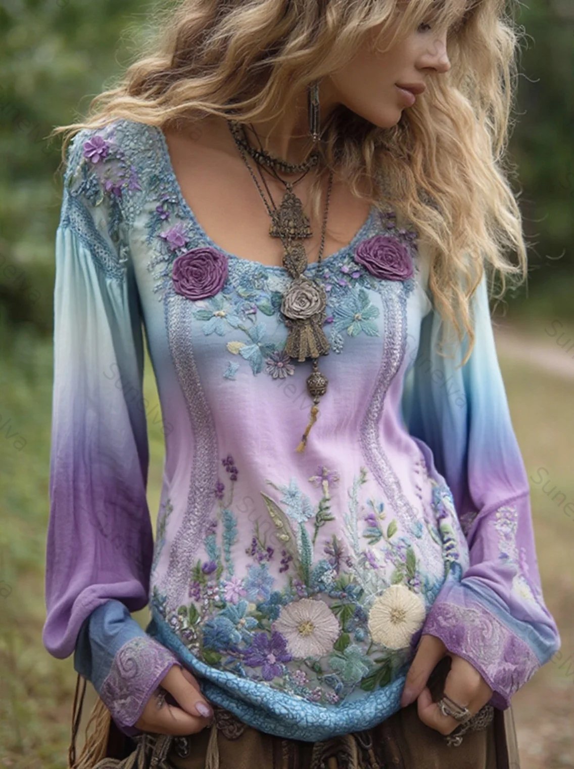 Classy Gradient Purple Lavender And Floral Embroidered Linen Long Sleeve Shirt 6047