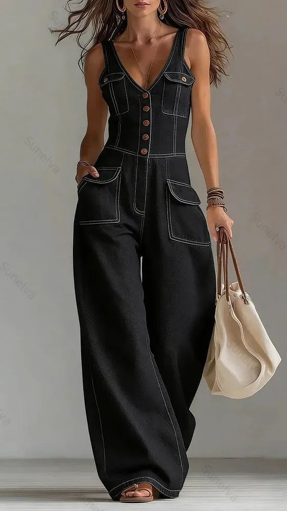Women's Washed Denim Loose-Fit Sleeveless Jumpsuit with Straps 4379