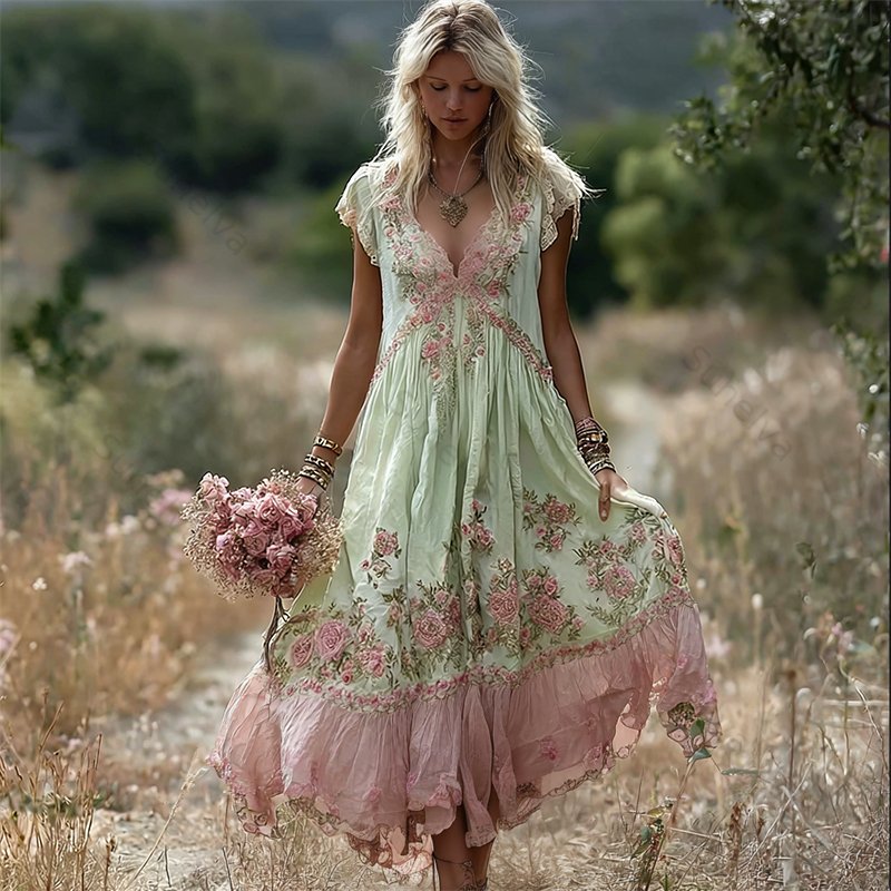 Boho Pink Floral Embroidered Lace Trim Flowy Linen Maxi Dress 1747