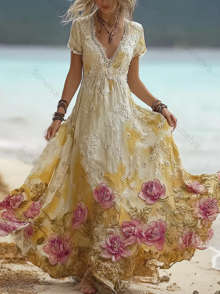 Bohemian Style Pink Rose V-neck Short-sleeved Dress 07e4