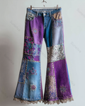 Spring/Summer Color Block Denim Linen Flared Pants6583