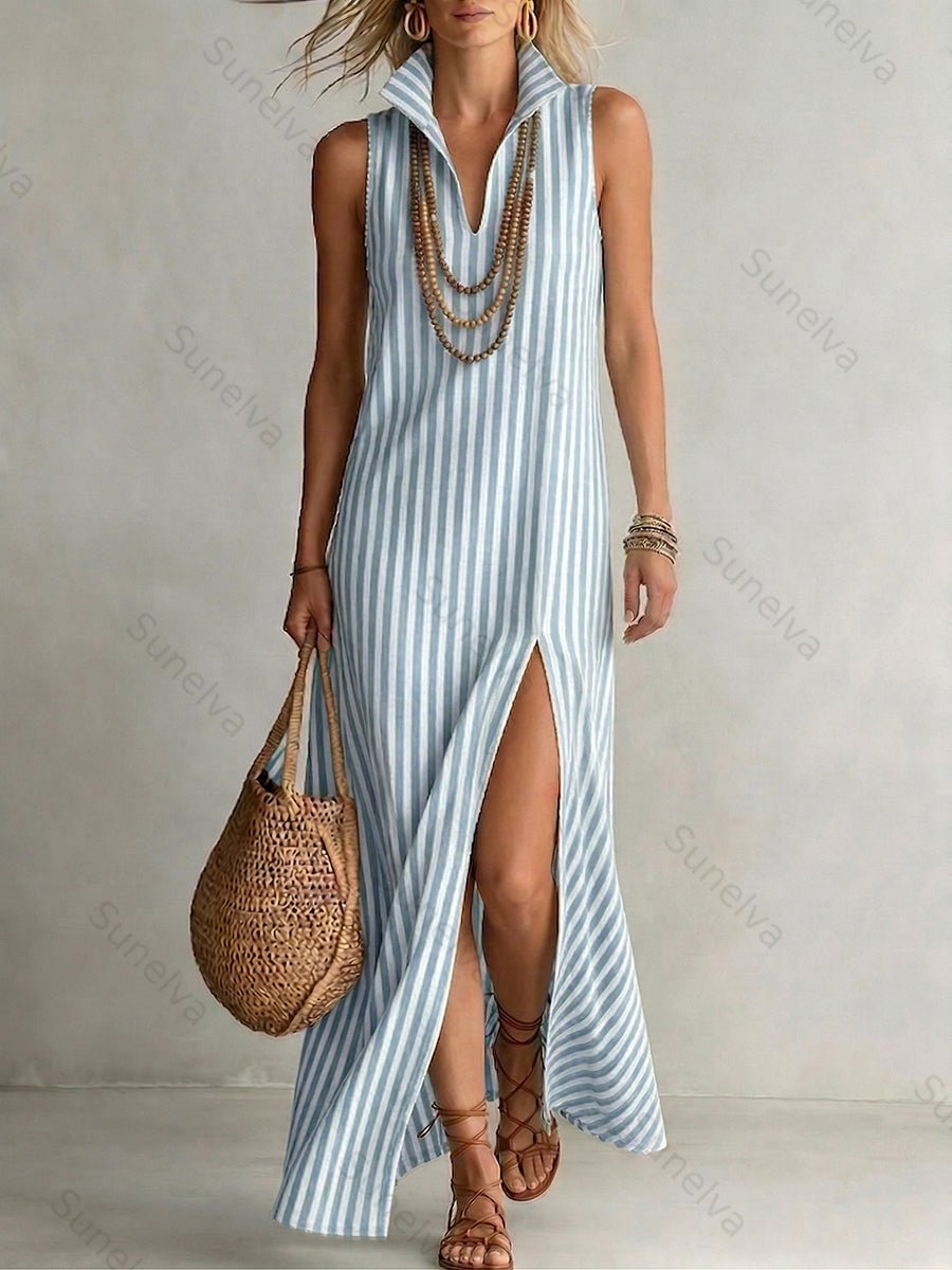Stylish Classic Striped Stand-collar Cotton-linen Maxi Dress cf9d