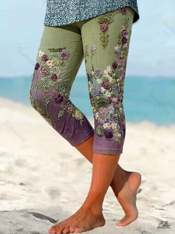 Women's Outdoor Fashion Gradient Color Floral Embroidery Leggings  4643