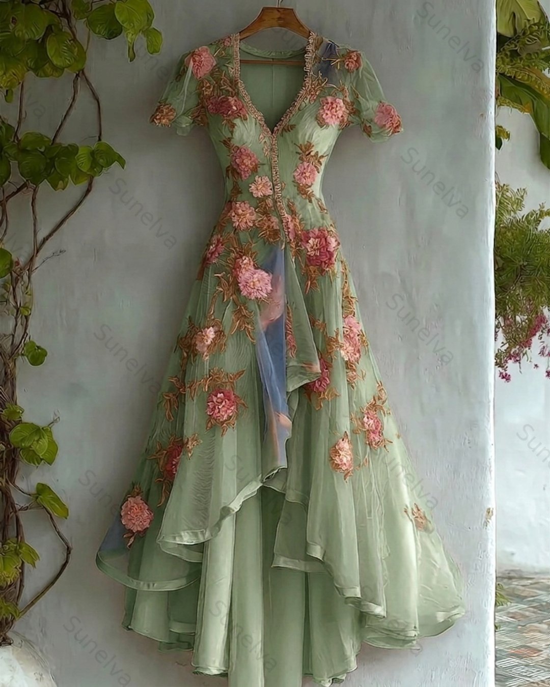 Women's Retro Elegant Gradient Flowers Irregular Ruffle Linen Dress