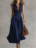 Women's Solid Color Collared Sleeveless Casual Loose Cotton Linen Dress fb7d