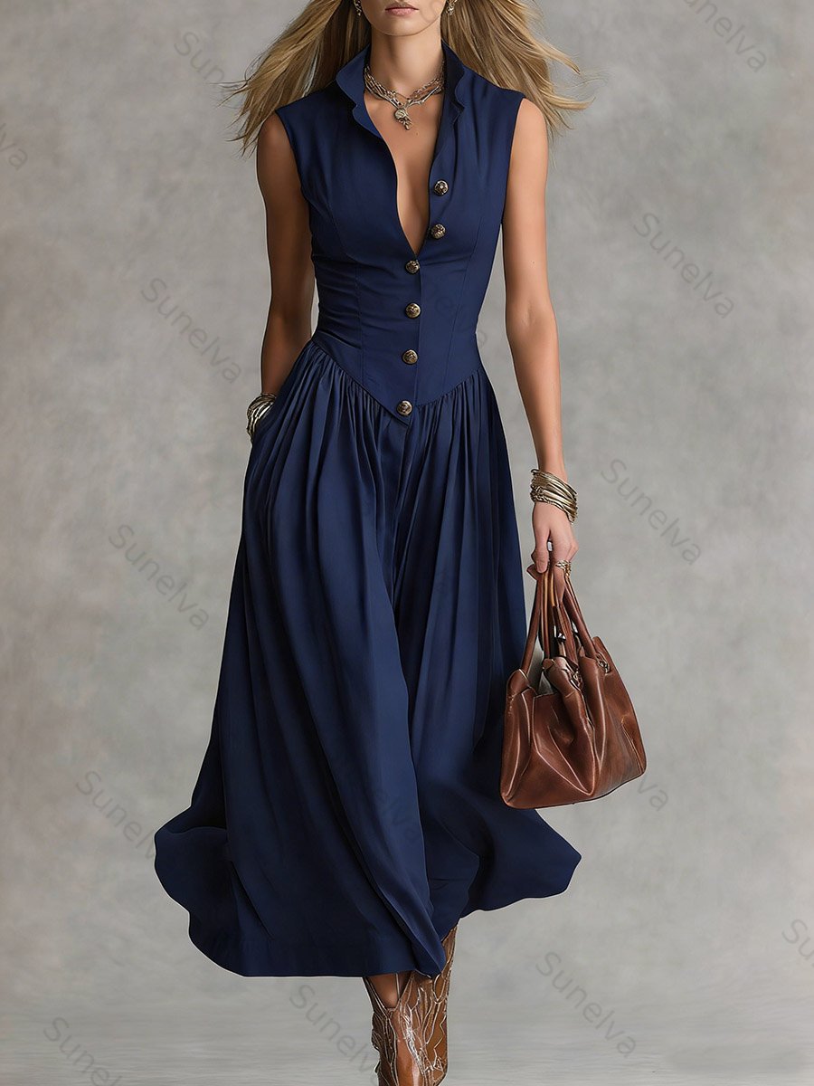 Women's Solid Color Collared Sleeveless Casual Loose Cotton Linen Dress fb7d