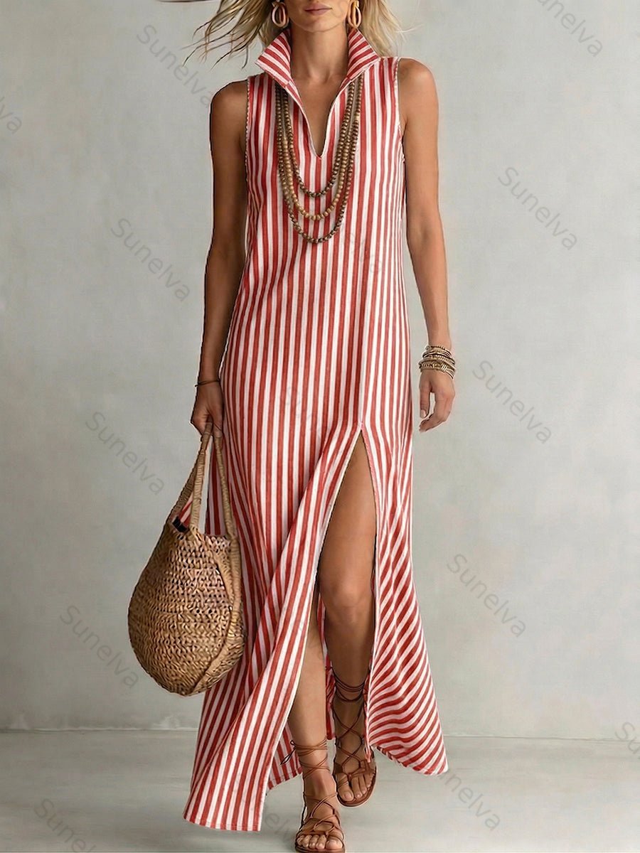 Stylish Classic Striped Stand-collar Cotton-linen Maxi Dress cf9d