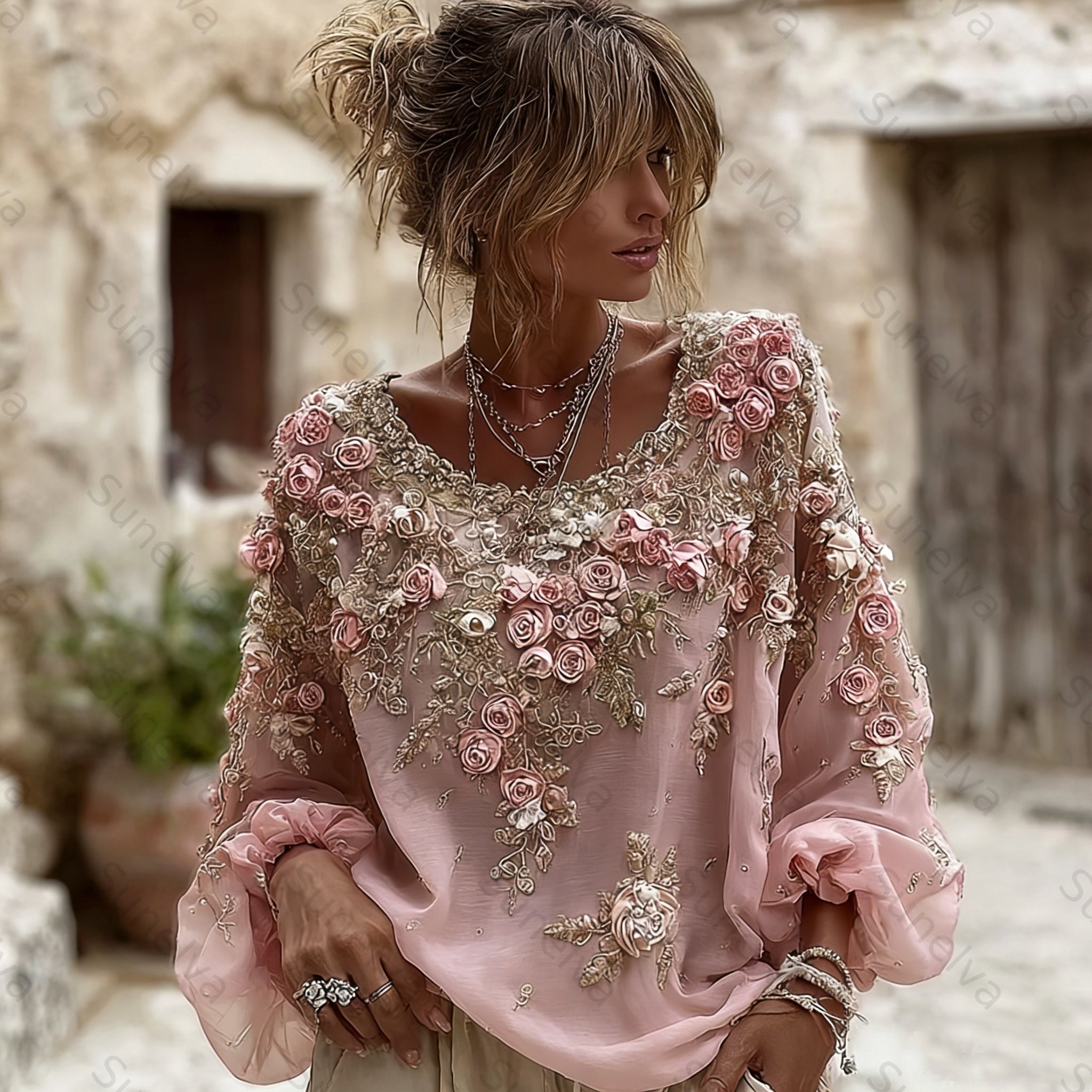 Women's Vintage Rose Embroidery Art Round Neck Long Sleeve Linen Blend T-shirt 33ff