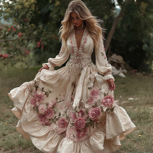 Comstylish Women's Vintage Roses Embroidery Art V-neck Long Sleeves Maxi Dress fb60