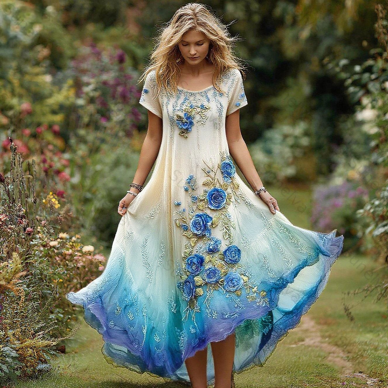 Women's Vintage Floral Embroidery Gradient Pattern Round Neck Dress 5e0e