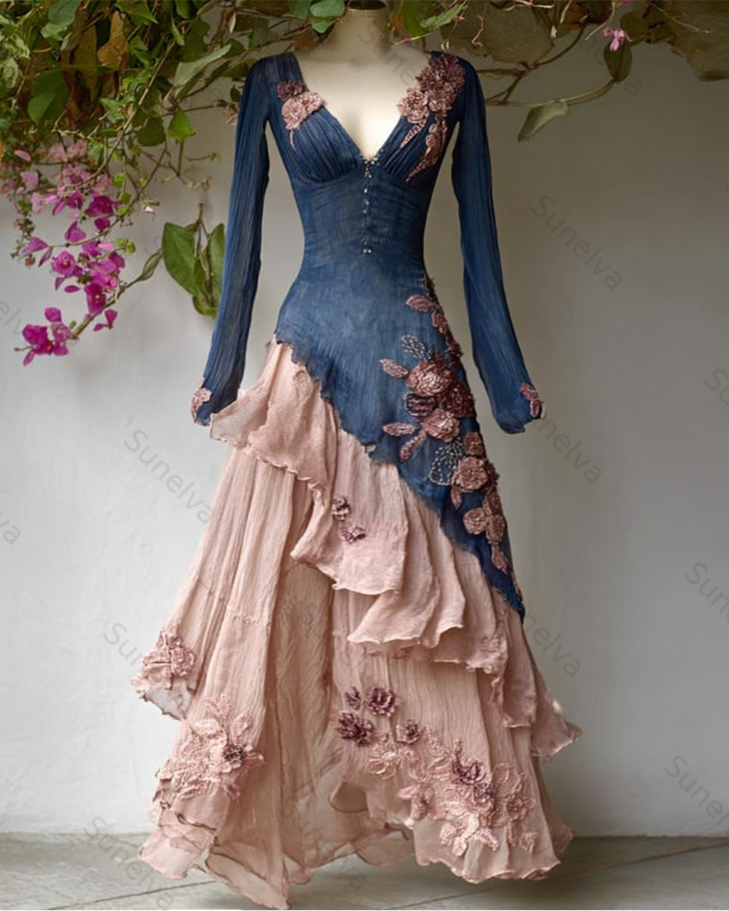 Women's Spring Elegant Flowers Irregular Ruffle Linen Dress 4547