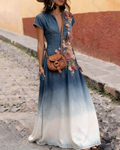 Women's Vacation Gradient Flowers Embroidery Denim Dress 2715