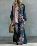 Women's Spring Elegant Floral Embroidery Color-Blocked Linen Suit 8338