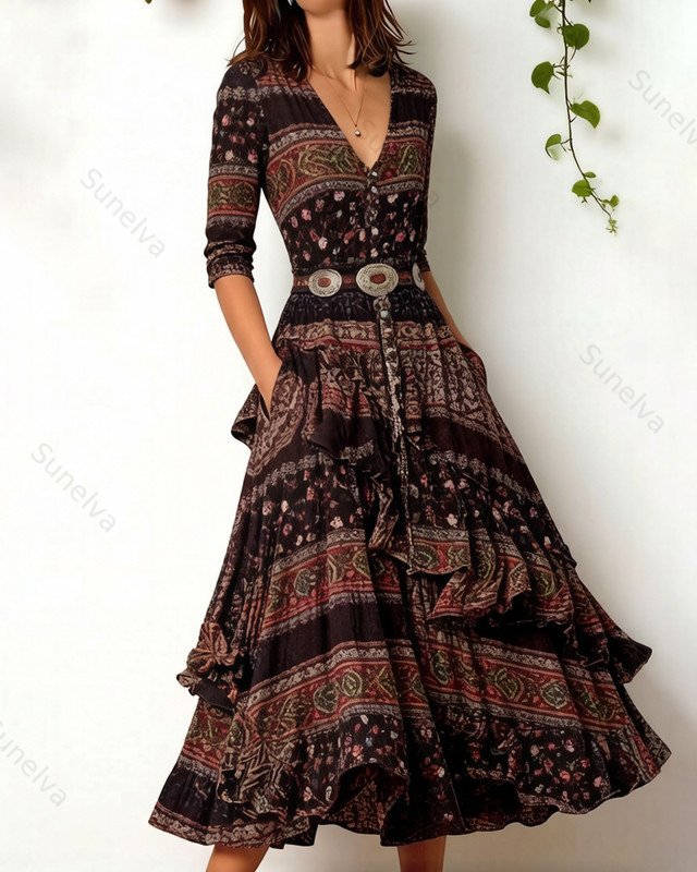 Women's Retro Elegant Ethnic Print Irregular Ruffle Patchwork Dress 1345