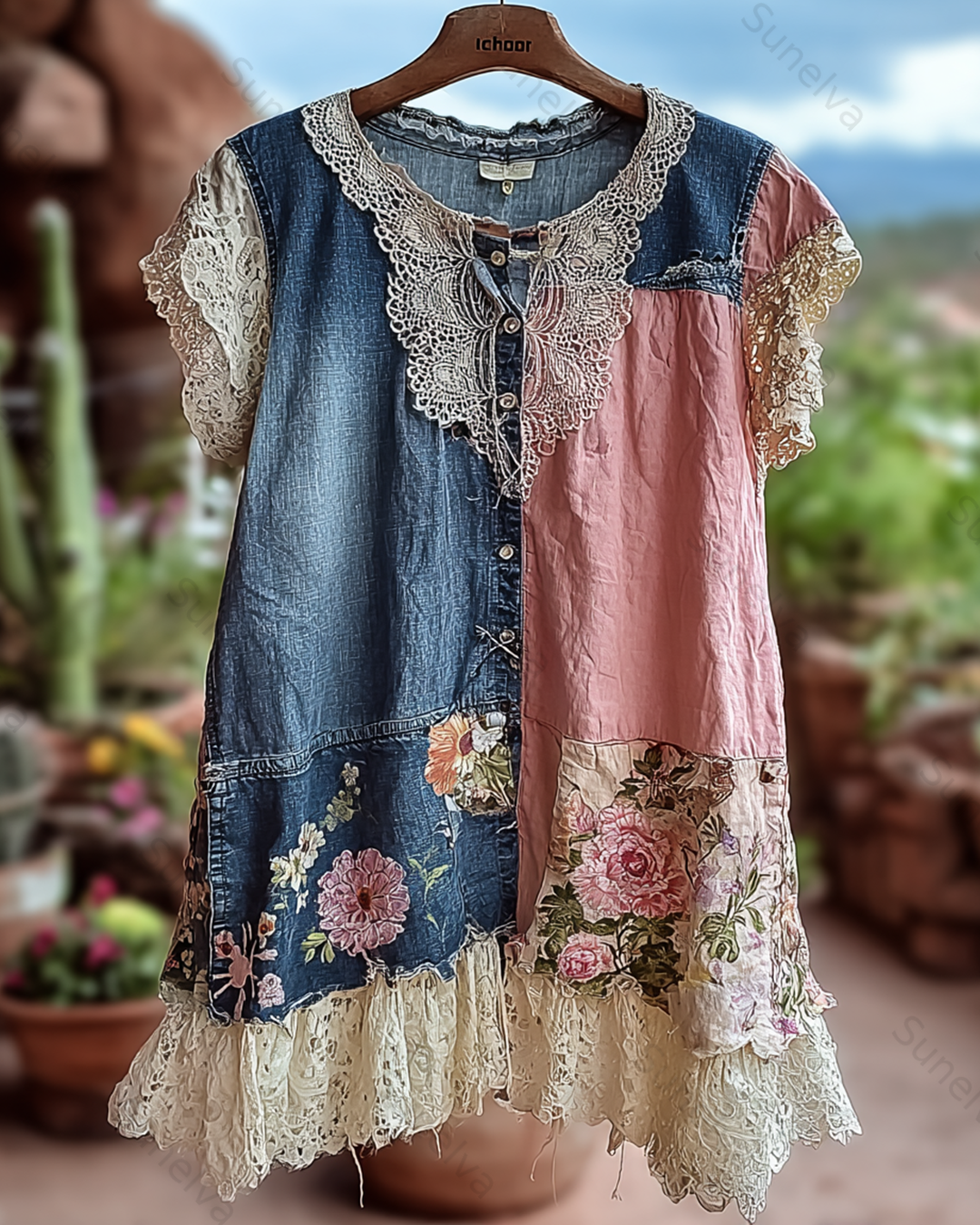 Women's Contrasting Color Lace Patchwork Flowers Embroidery Blouse 9169