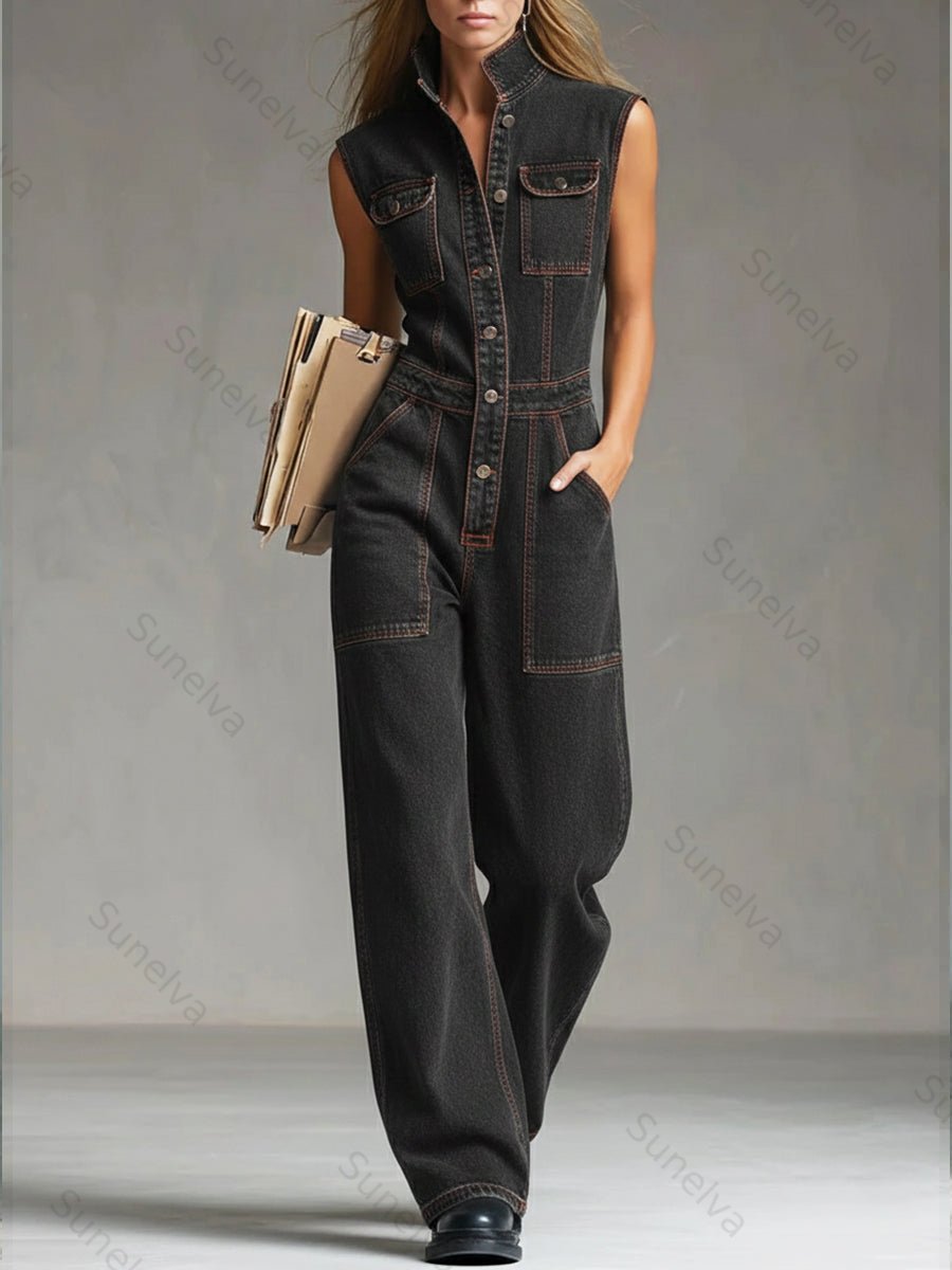 Women's Casual Sleeveless Cotton Denim Jumpsuit ab46