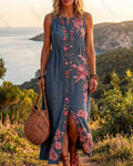 Women's Summer Elegant Floral Embroidered Linen Dress 9357