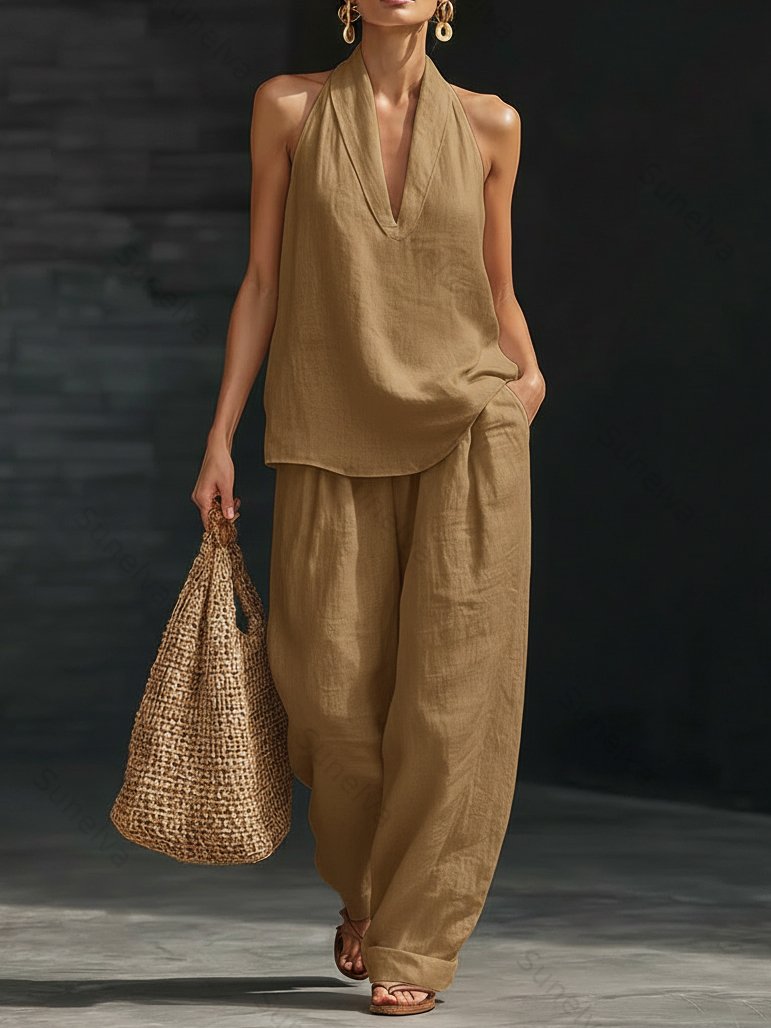 Casual And Cozy Minimalist Linen Two-piece Set 7054