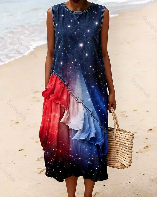 Women's Retro Elegant Stars and Stripes Gradient Color Ruffled Linen Dress 7293