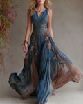 Women's Summer Elegant Floral Embroidered Patchwork Linen Dress 6228