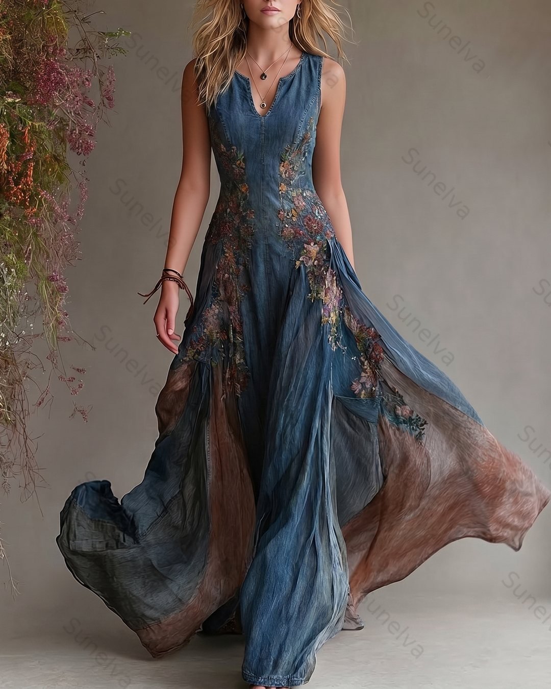 Women's Summer Elegant Floral Embroidered Patchwork Linen Dress 6228