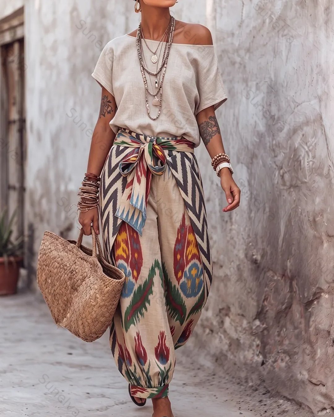 Elegant and stylish Bohemian-style embroidered top and pants two-piece set  6125