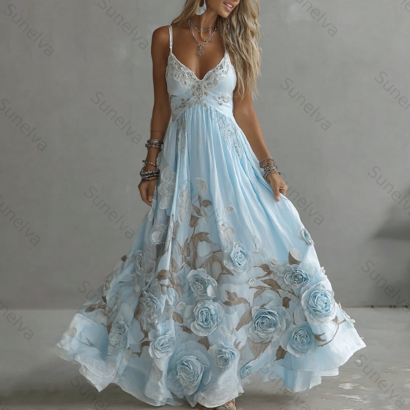 Women's Vintage Rose Embroidery Art V-neck Suspender Maxi Dress 4335