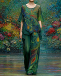 Women's Spring Resort Style Peacock Feather Embroidered Top and Pants Two-Piece Set 7234