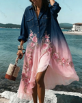 Women's Elegant Gradient Floral Embroidered Denim Shirt Dress 3868