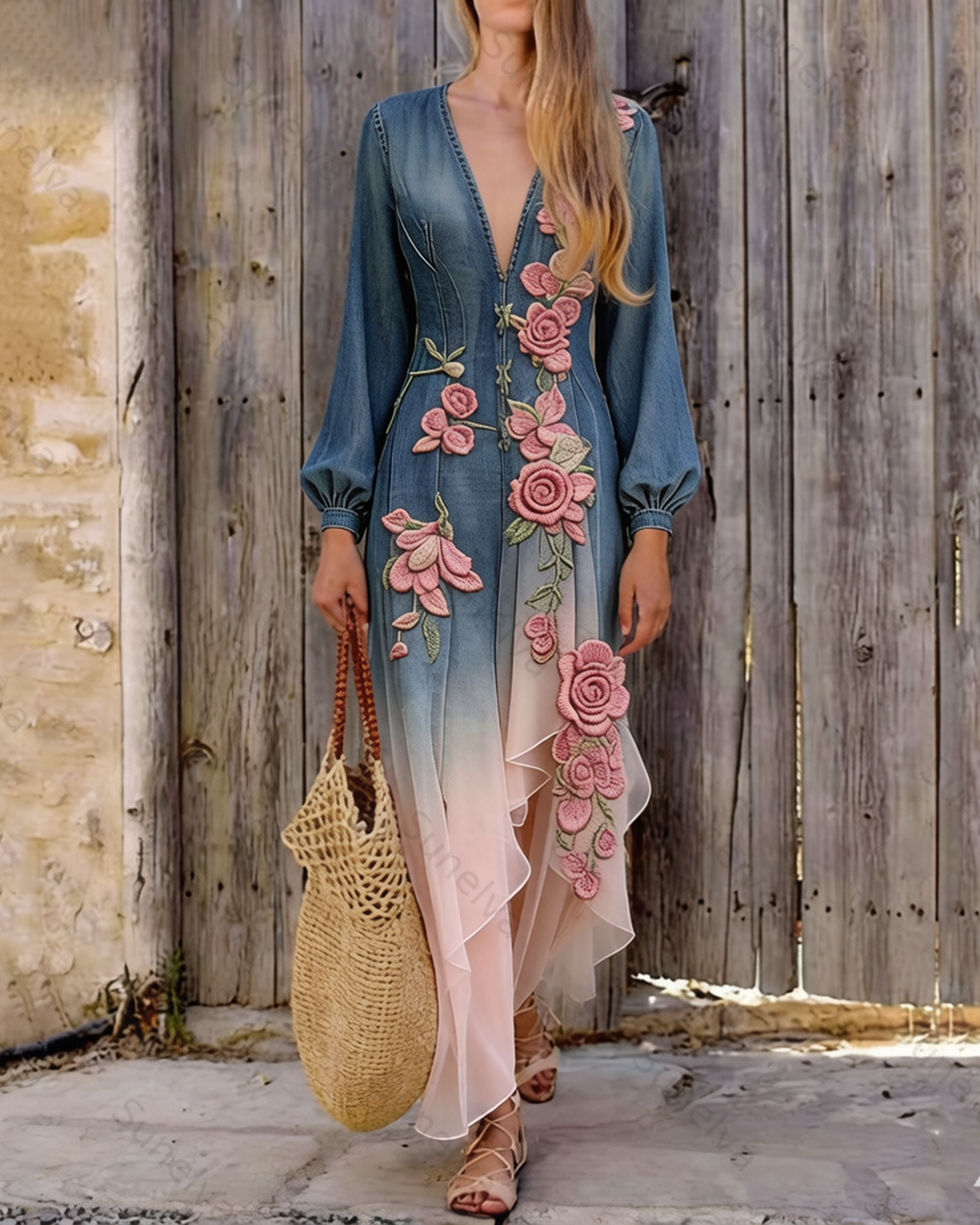 Women's Vacation Gradient Irregular Ruffle Flowers Embroidery Denim Dress 6832