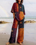 Women's Summer Resort Set with Star and Moon Embroidery and Rainbow Patchwork Linen Short-Sleeve Top & Pants 7429