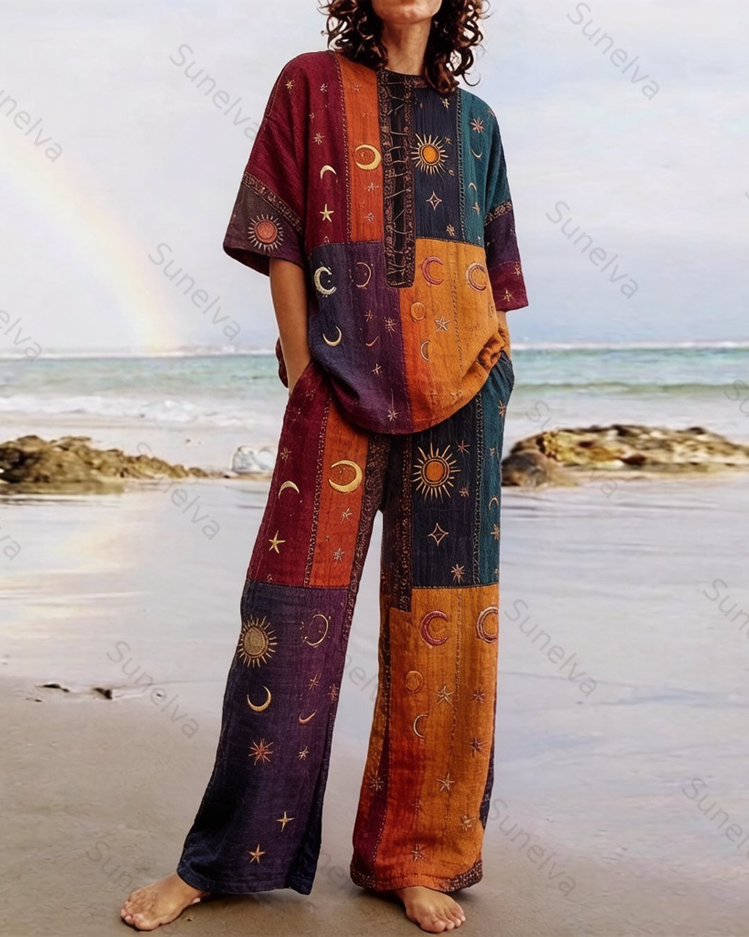 Women's Summer Resort Set with Star and Moon Embroidery and Rainbow Patchwork Linen Short-Sleeve Top & Pants 7429