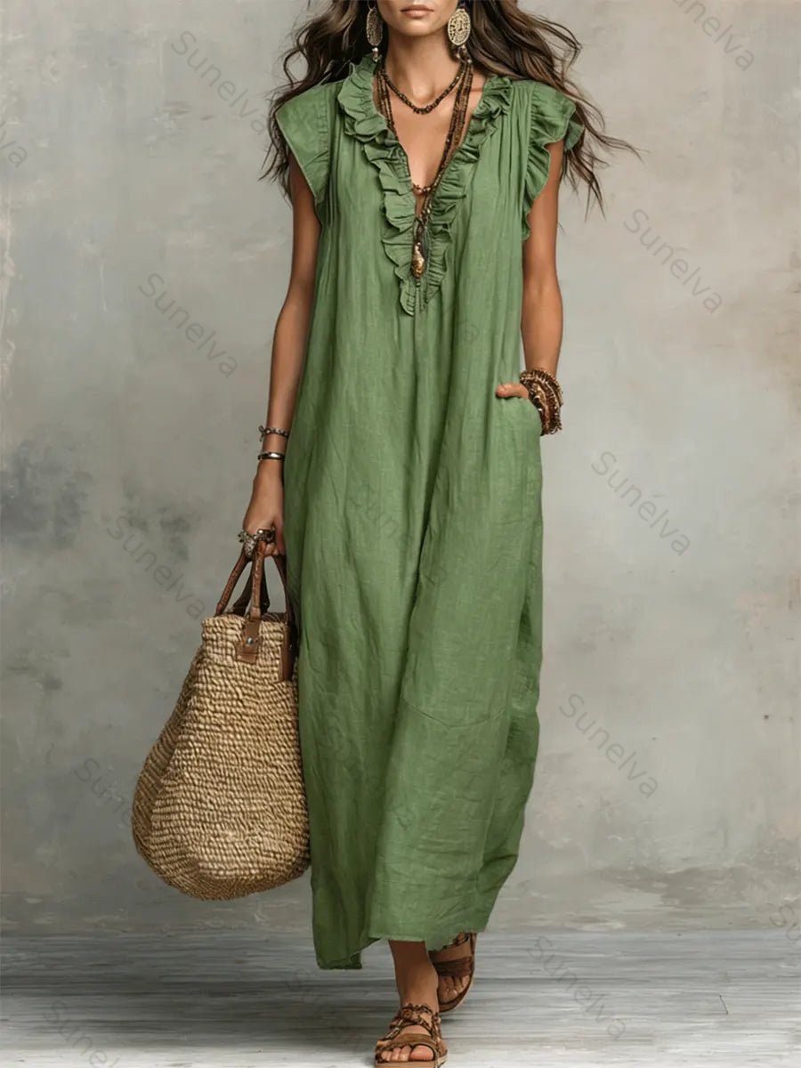 Women's Solid Color Ruffled Art Casual Fashion Cozy Cotton Linen Dress 5e35