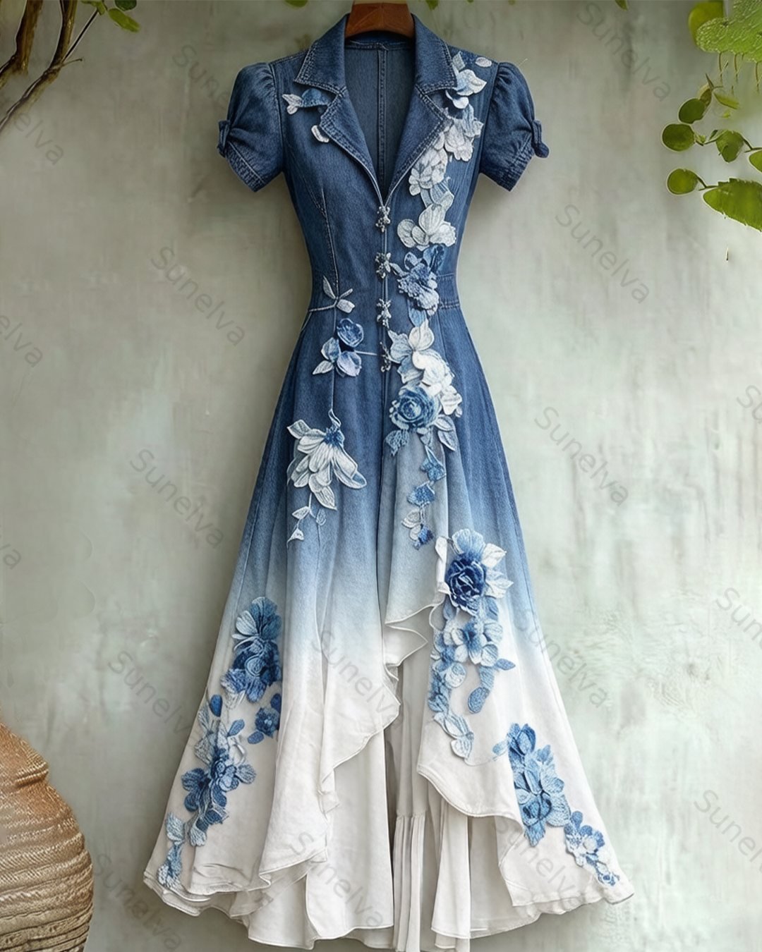 Women's Summer Floral Embroidered Washed Denim Dress 6439