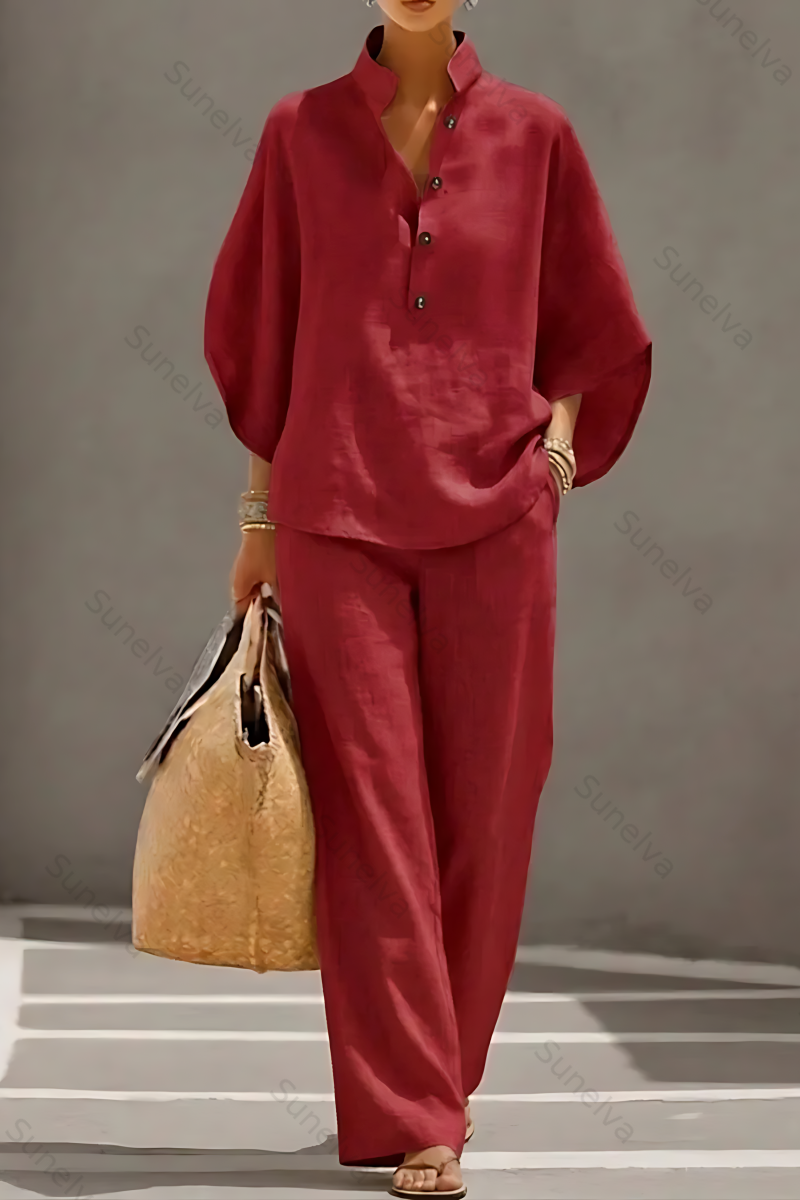Women’s Batwing Sleeve Linen Cotton Two-Piece Set – Casual Shirt & Wide Leg Pants Outfit 2924