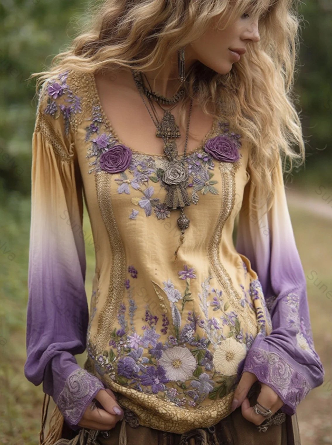 Classy Gradient Purple Lavender And Floral Embroidered Linen Long Sleeve Shirt 6047