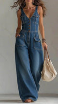 Women's Washed Denim Loose-Fit Sleeveless Jumpsuit with Straps 5e3e