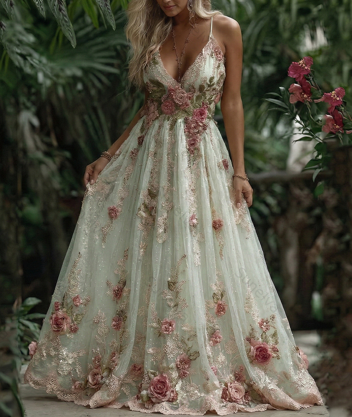 Women's Pink Rose Embroidery Art Suspender Maxi Dress 53c9