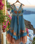 Women's Summer Flowers Embroidery Irregular Ruffle Linen Patchwork Dress 1259