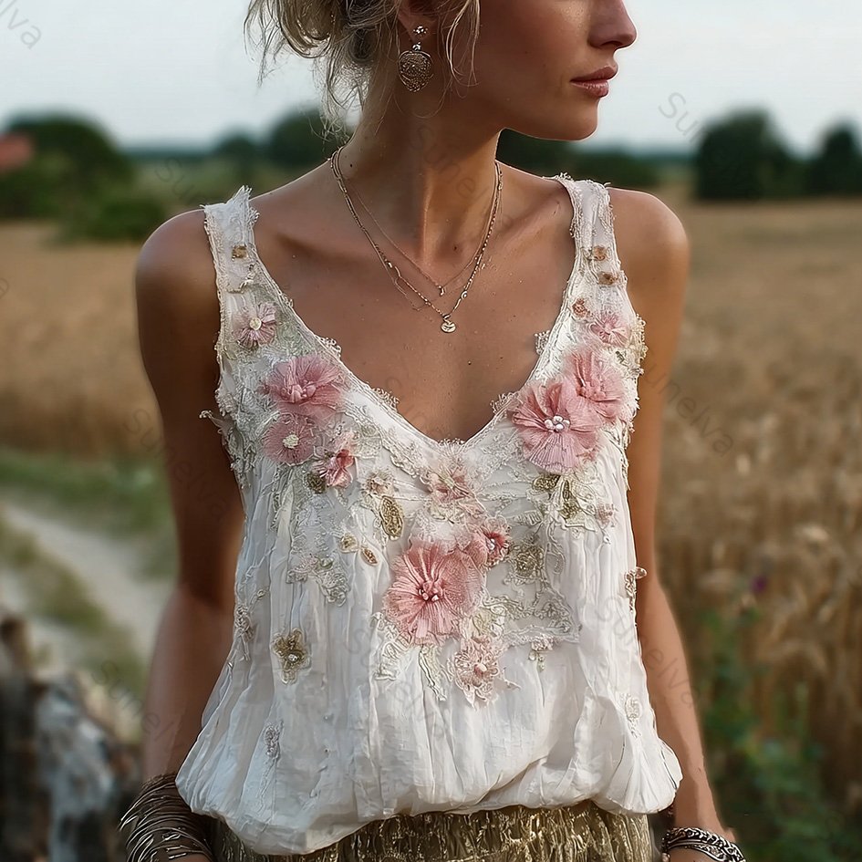 Bohemian Retro Pink Floral Pattern Women's Sleeveless Thin Shoulder Strap Vest 8990