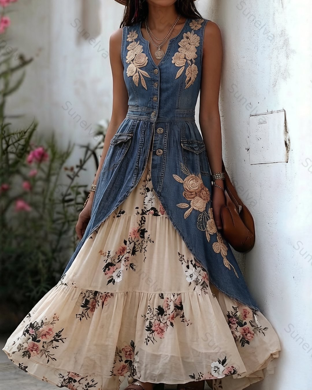 Women's Summer Floral Embroidered Washed Denim Dress 7236