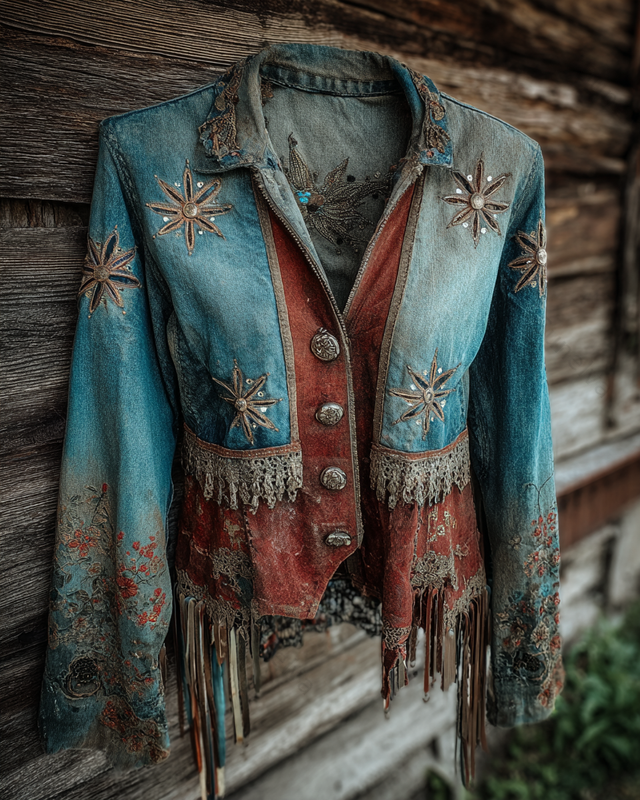 Spring/Summer Bohemian Style Color-Blocked Denim Linen Top3477